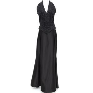 Tadashi Shoji Black Formal Beaded Sequin Halter Long Skirt Dress Size Small